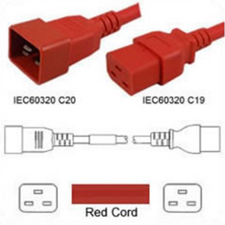 Red Power Cord C20 Male to C19 Female 0.5m ~1.5' 16 Amp 250