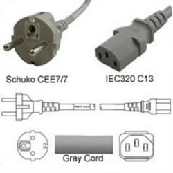Gray Power Cord Schuko CEE 7/7 Male to C13 Female 2.5 Meters 10
