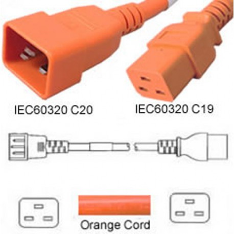 Orange Power Cord C20 Male to C19 Female 1.8 Meters 20 Amp 250