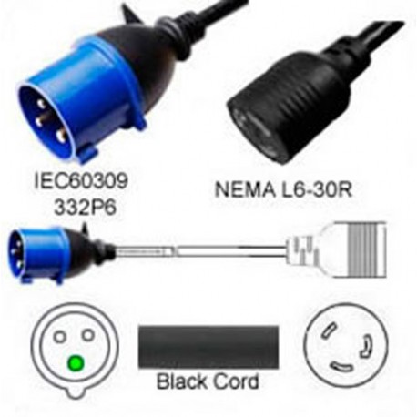IEC 60309 332P6 Male Plug to Locking L6-30 Female Connector 0.3