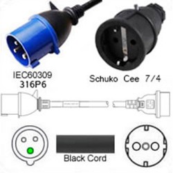 IEC 60309 316P6 Plug to Schuko CEE 7/4 Female 0.3 Meter Plug
