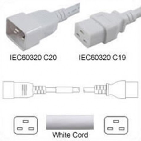 White Power Cord C20 Male to C19 Female 3.0 Meters 16 Amp 250